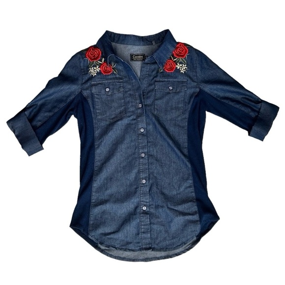 CAVALINI Blue Chambray Red Rose Embroidered Top Roll Tab Sleeve Button Up sz S - Picture 2 of 9
